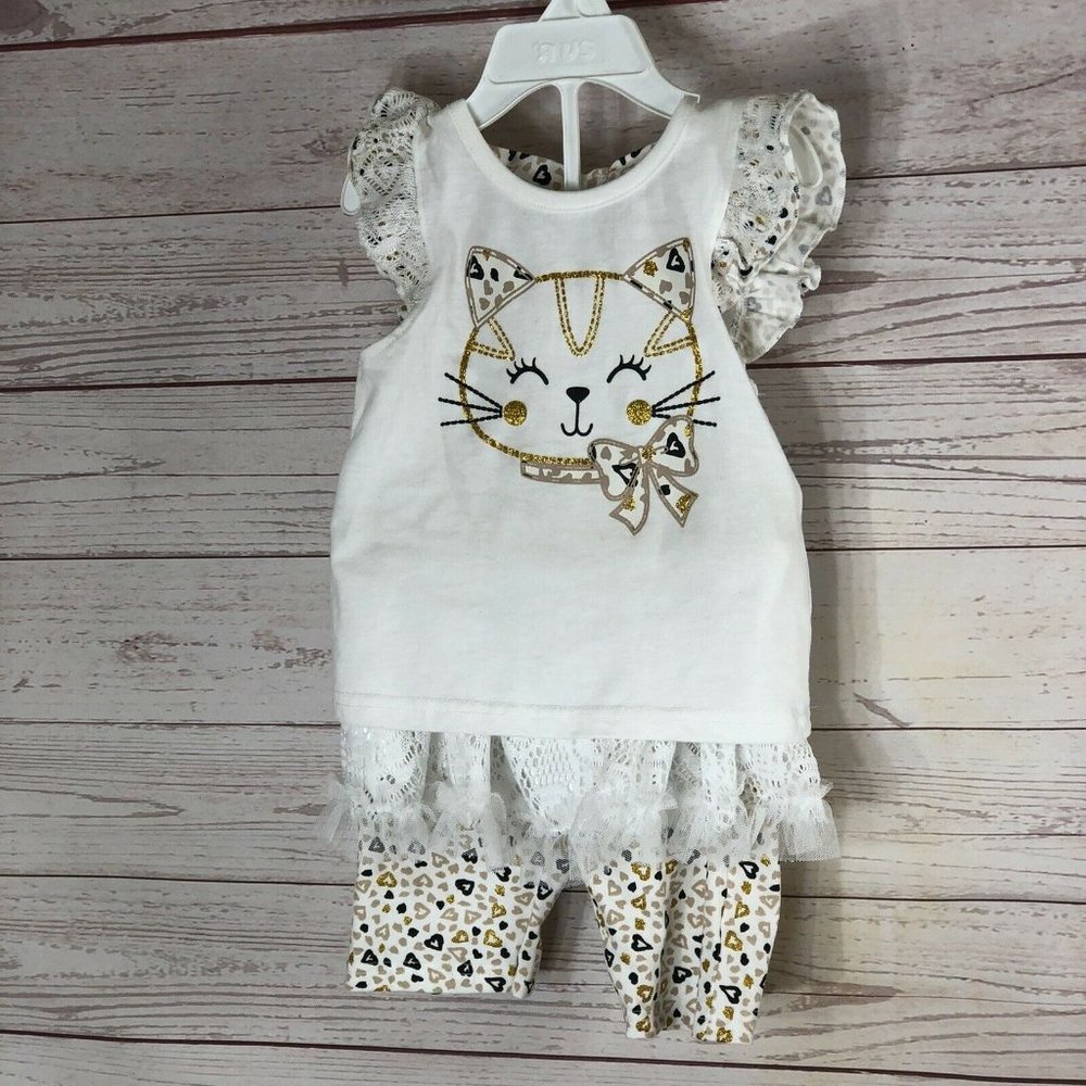 DDG Darlings Girls 24 Months 2pc short & Top Outfit Kitty cat Hearts & Tutu Lace